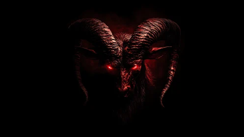 Demonic ram head emerges from darkness with burning eyes
