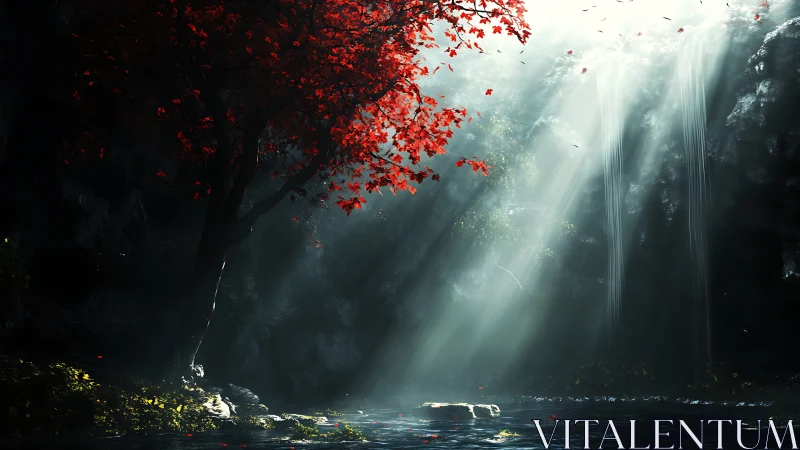 Red maple tree beside luminous waterfall in dark ravine