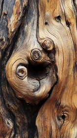 Weathered tree trunk knots and hollow in close detail.