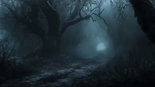 Midnight path winding through eerie misted forest gloom.
