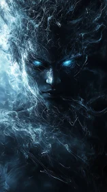 Mysterious blue spirit emerging from swirling cosmic mist.