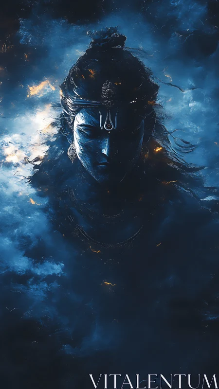 Divine blue-faced deity emerges from swirling cosmic clouds