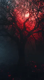 Silhouetted tree cuts across a burning crimson sky glow.