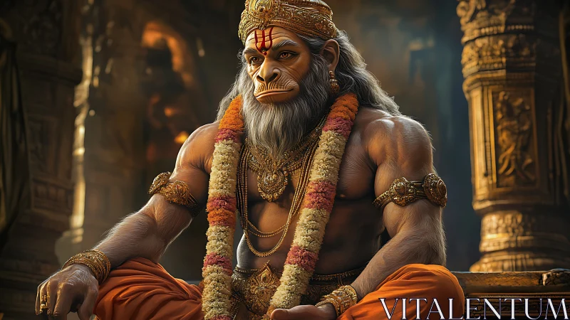 Divine monkey warrior rests in molten-gold temple silence