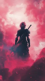 Sword-wielding anime warrior rising through crimson clouds.