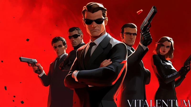 Armed suited agents stand against intense red backdrop.
