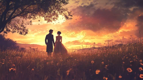 Romantic Couple in Golden Hour Meadow with Butterflies.