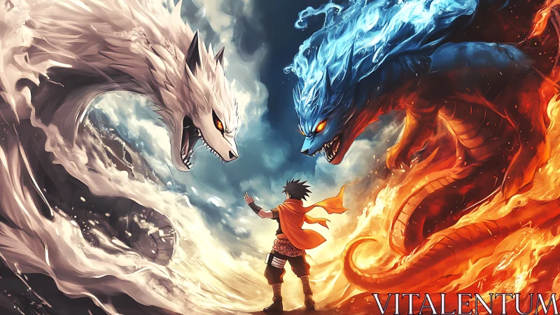 Elemental dragon convergence around cloaked summoner nexus.