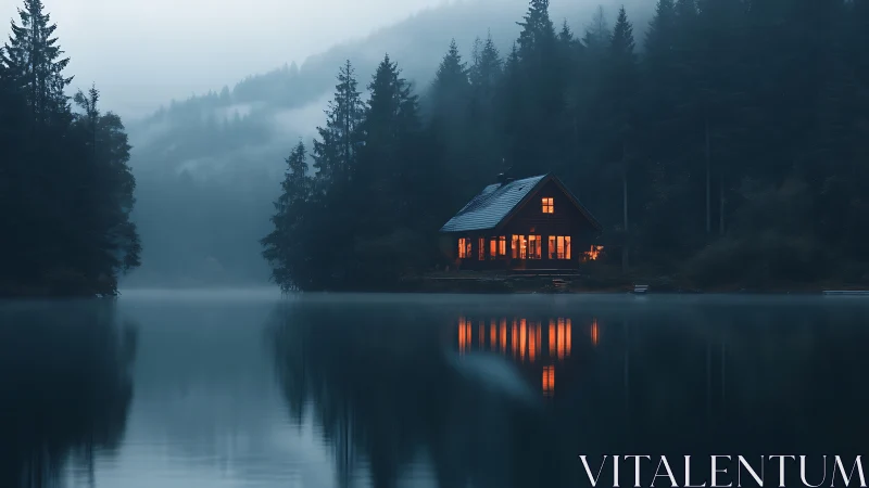Lakeside cabin glows like ember in mist-veiled evergreen dusk.