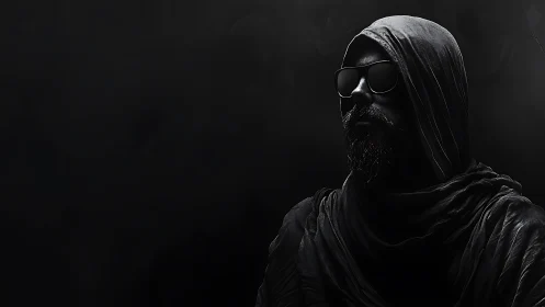 Monochrome hooded figure in high-contrast chiaroscuro portrait.