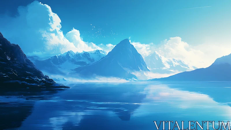 Glacial mountain massif reflects in hyperreal arctic seascape