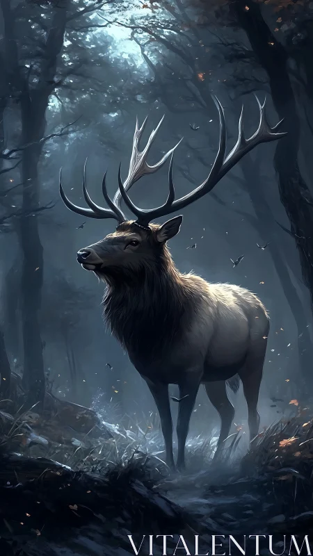 Majestic stag pauses in a misty forest of quiet twilight