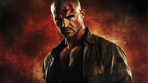 Battle-scarred antihero glowers through a storm of embers.