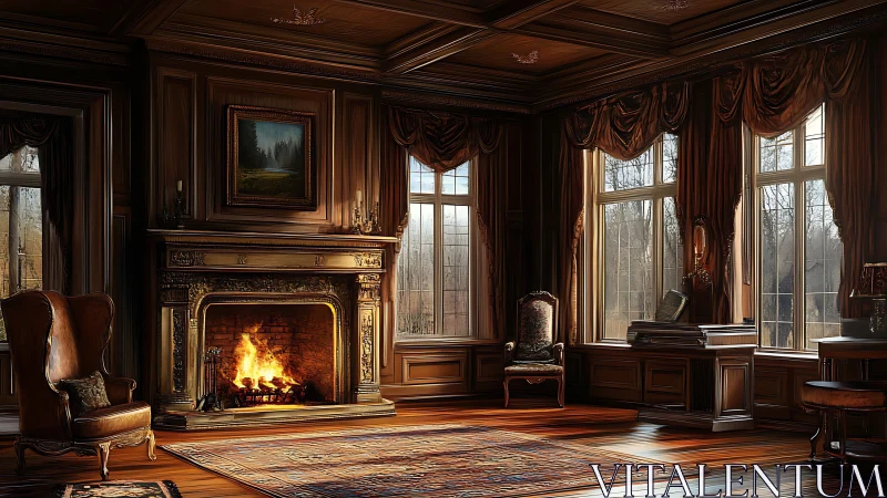 Photorealistic neoclassical library interior with ornate fireplace.