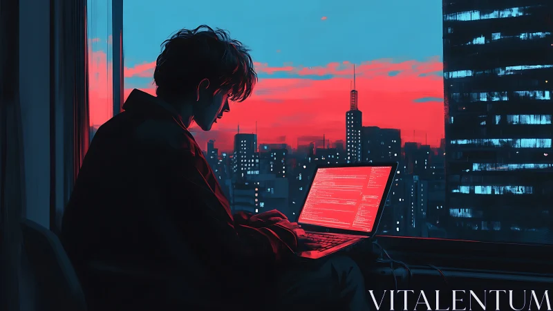 Solitary programmer at dusk over neon city skyline.