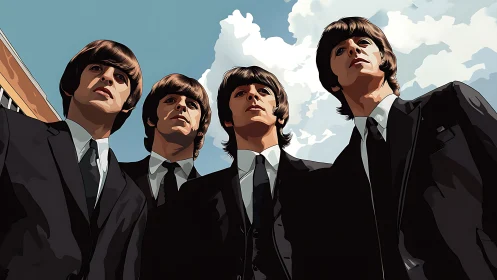 Stylized quartet in suits under expansive clouded sky.