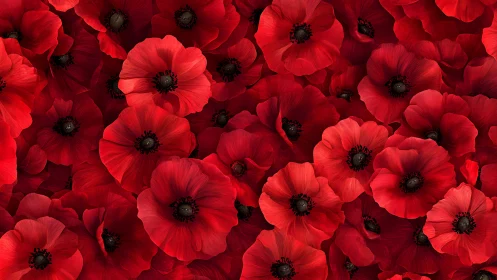 Densely arranged red poppies with dark centers and textured petals.