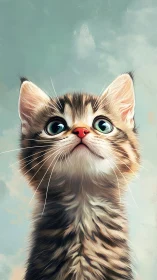 Adorable Tabby Kitten with Wide-Eyed Wonder Looking Up