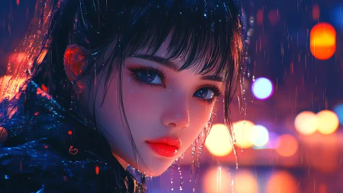 Neon lit anime girl portrait in dramatic city rain.