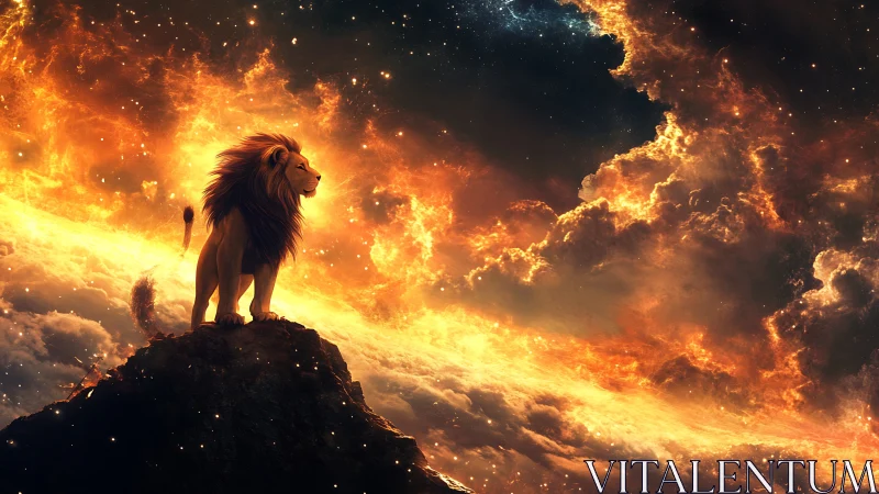 Celestial lion rendered against nebular firestorm with dramatic lighting