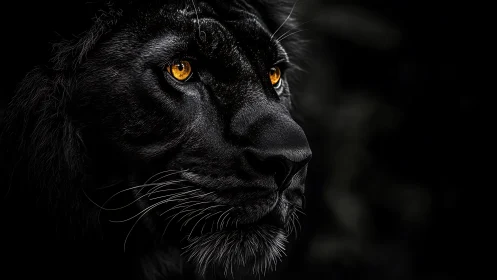 Black panther close-up with sharp detail and amber eyes.
