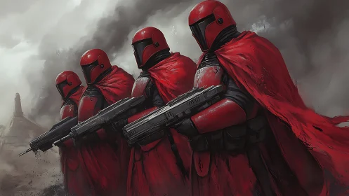 Crimson vanguard marches through ash and iron skies.