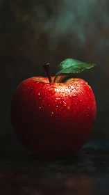 Red apple with water droplets on dark studio background.