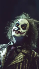 Eccentric clown with eerie grin in tattered striped suit.