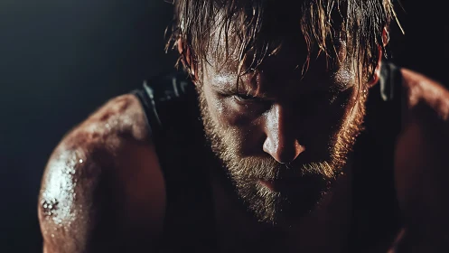 Low-key close-up of intense sweaty male athlete in shadow