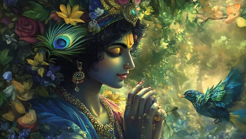 Divine figure in jeweled headdress greets luminous songbird.