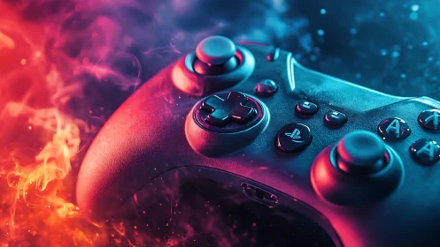 Neon-lit gaming controller glows amid swirling red and blue smoke.