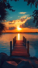 Wooden lakeside pier aligned with low horizon sunset glow.