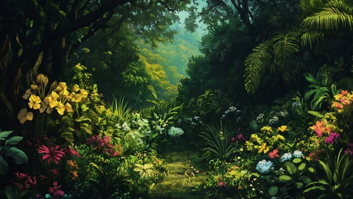 Layered botanical canopy with polychromatic understory florals.