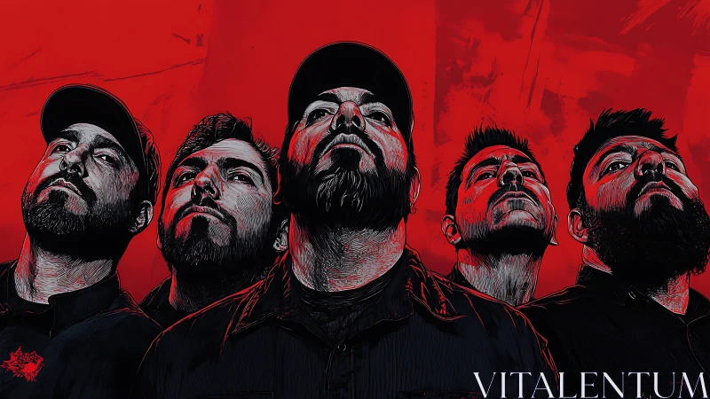 Bold red portrait of determined band standing together.