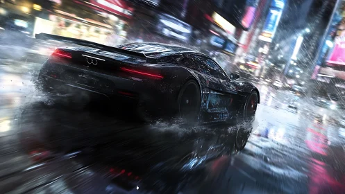 Midnight hypercar powerslide through neon rain-soaked streets.