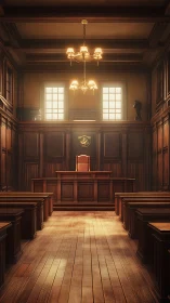 Empty traditional courtroom interior with wooden benches.