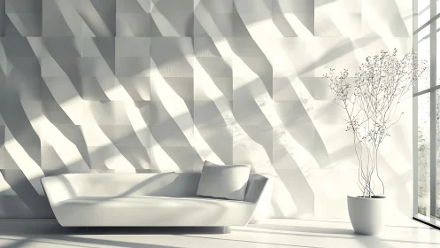 Minimalist White Interior with Modern Sofa and Geometric Light Play