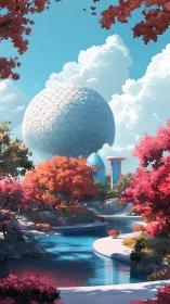 Futuristic geodesic sphere rises above serene autumn river