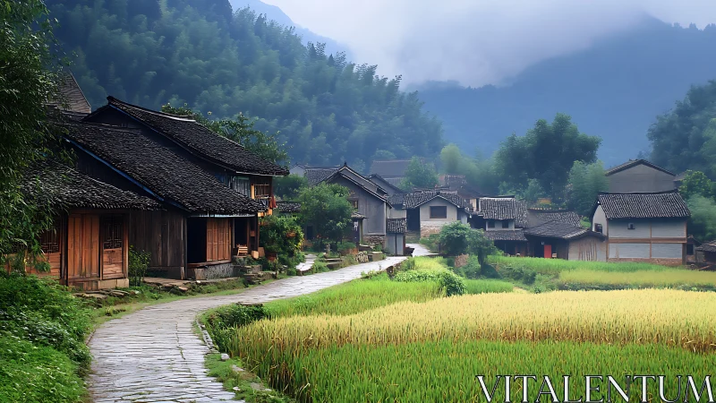 Mist-draped village path winding past emerald rice fields.