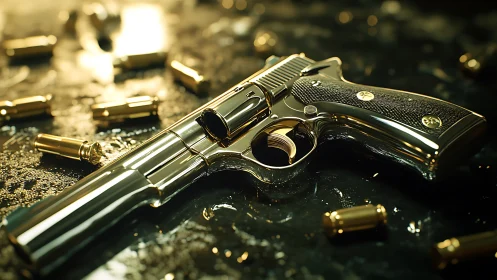 Gleaming sidearm lounges in cinematic light among spent brass