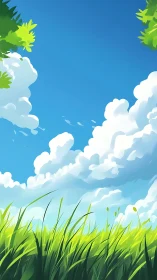 Sunlit meadow stretches beneath billowing summer clouds.