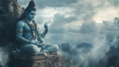 Digital painting of meditative deity on ethereal mountain plateau.