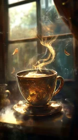 Golden ornate teacup with swirling steam by window.