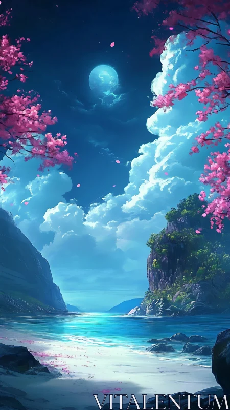 Moonlit tropical cove framed by pink cherry blossoms.