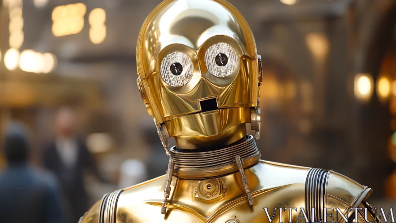 Gold-plated humanoid protocol robot with reflective metal surface