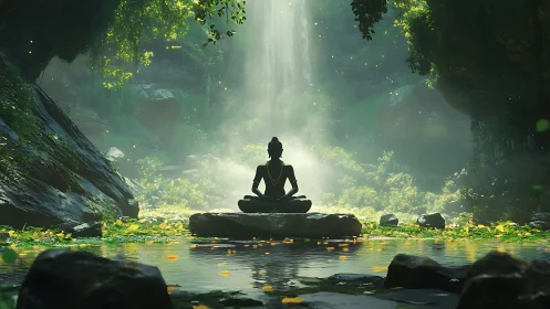Solitary figure meditating on rock beneath forest waterfall.