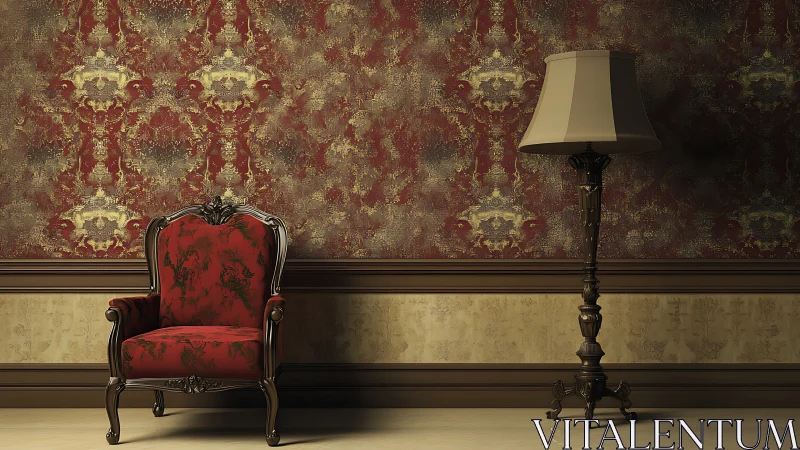 Digital baroque interior vignette with ornate chair and lamp.