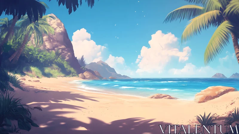 Tropical Paradise Beach with Palm Trees and Turquoise Waters.