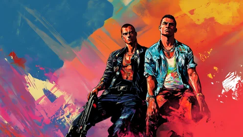 Urban duo framed in neon gradient brushstroke explosion.