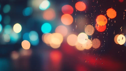 Rainy window captures dreamy urban bokeh at night.